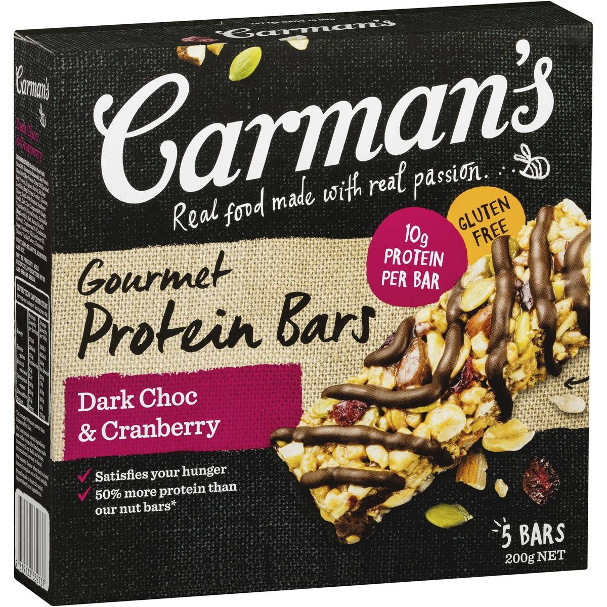 Carmans Protein Bars Dark Choc & Cranberry GF 200g 5pk