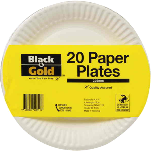 Black & Gold Paper Snack Plates 175mm 20pk